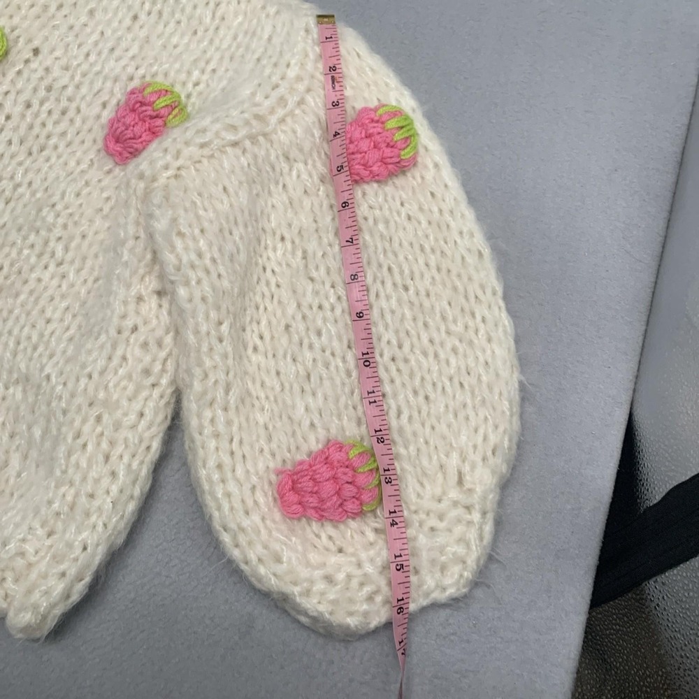 European Hand Knit Cardigan 3D Strawberry Balloon Sleeves Open Front Cream Sz M - Picture 6 of 10